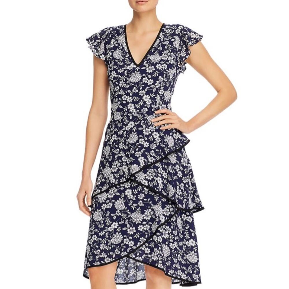 Adrianna Papell Dress Ditsy Navy Ivory Petunia Tiered Cap Sleeve Size 4 NEW